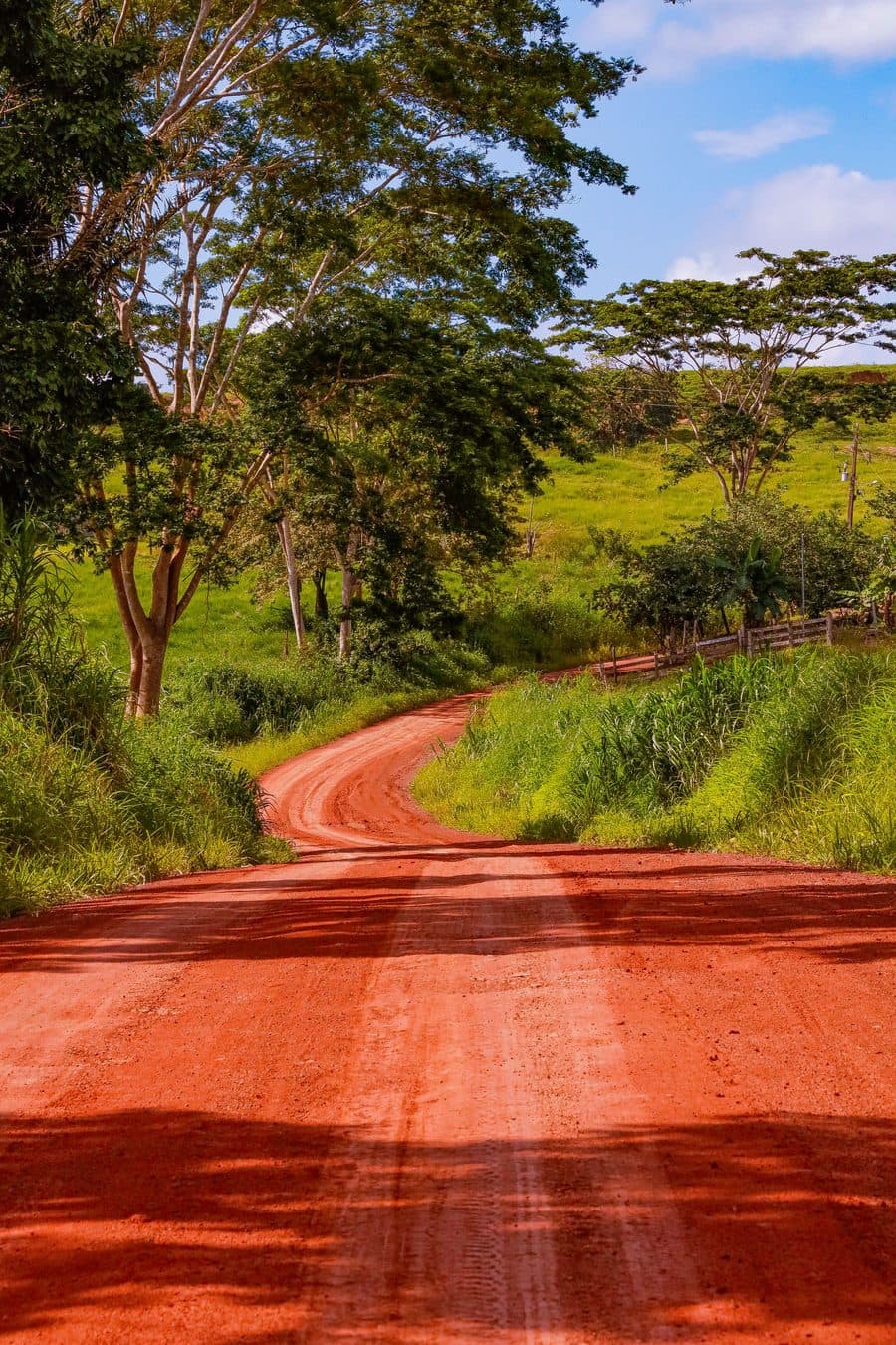 Une route de latérite rouge qui serpente dans la campagne